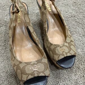 Coach Tan Signature Peep-Toe Slingback Heels